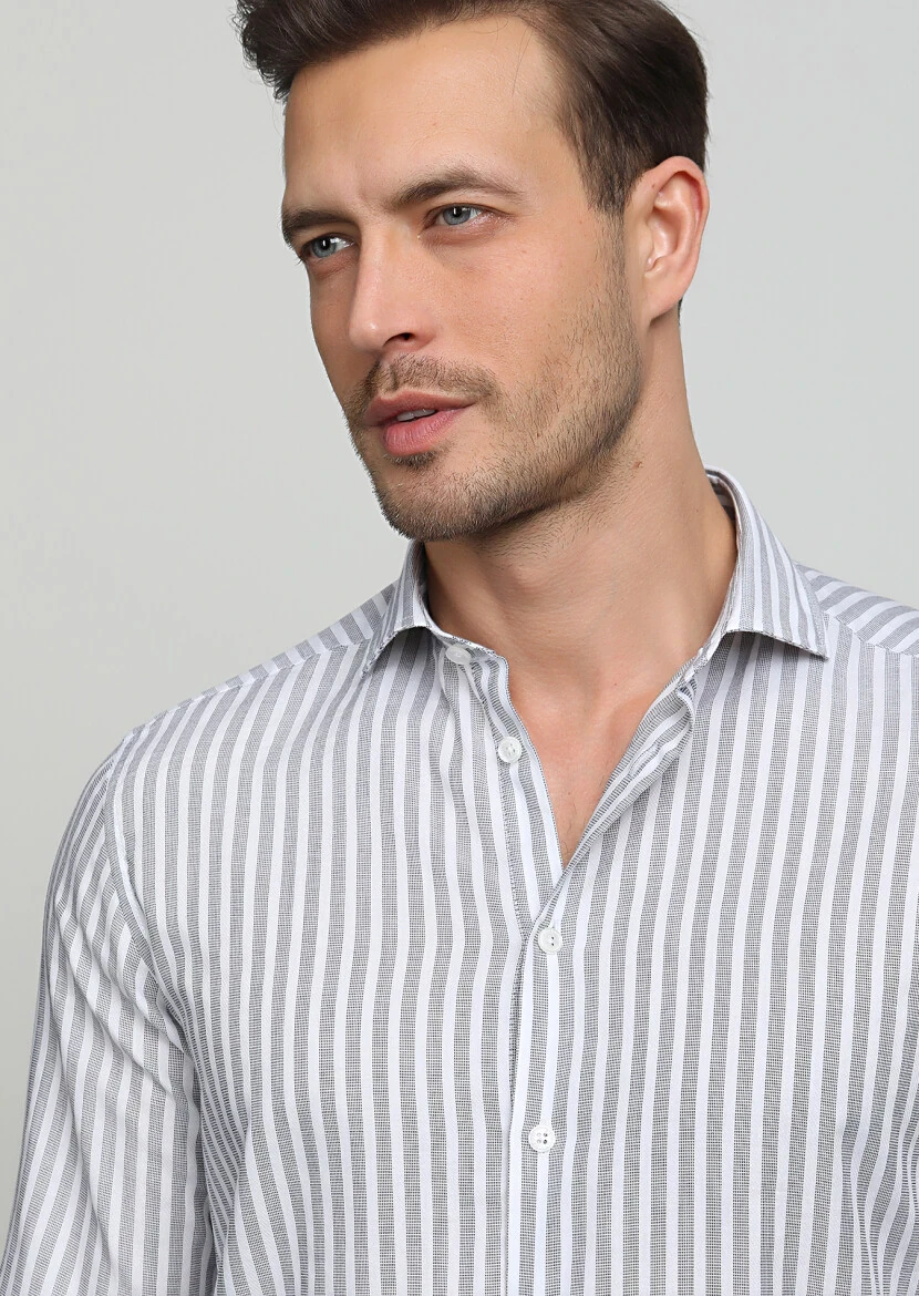 Gri Çizgili Regular Fit Dokuma Casual %100 Pamuk Gömlek - 2