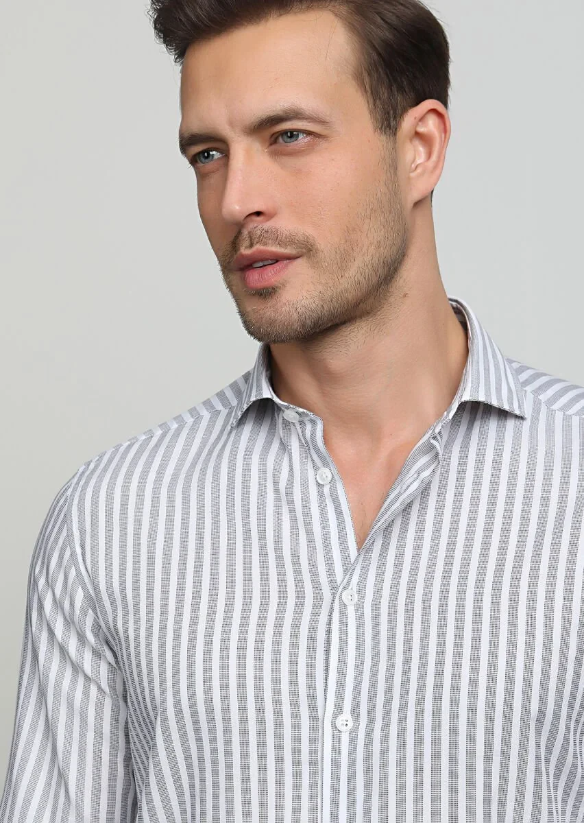 Gri Çizgili Regular Fit Dokuma Casual %100 Pamuk Gömlek - 2