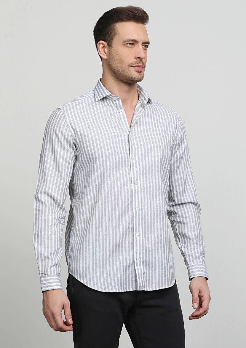 Gri Çizgili Regular Fit Dokuma Casual %100 Pamuk Gömlek - 3