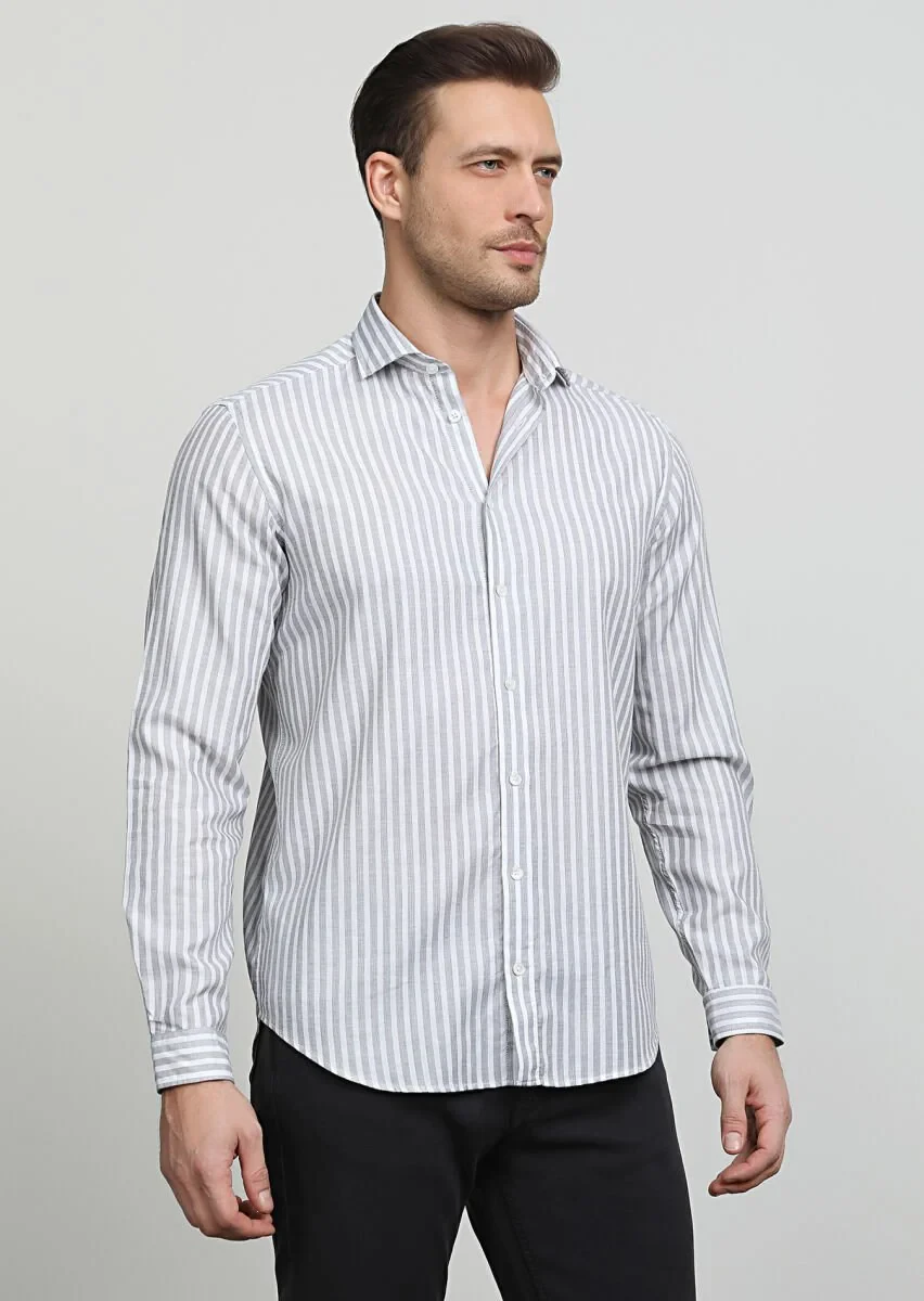 Gri Çizgili Regular Fit Dokuma Casual %100 Pamuk Gömlek - 3