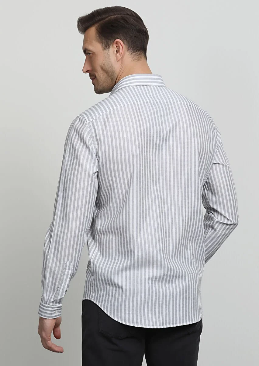 Gri Çizgili Regular Fit Dokuma Casual %100 Pamuk Gömlek - 4