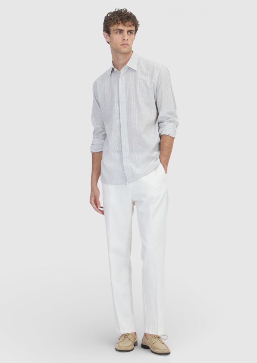 Gri Çizgili Regular Fit Dokuma Casual %100 Pamuk Gömlek - 2