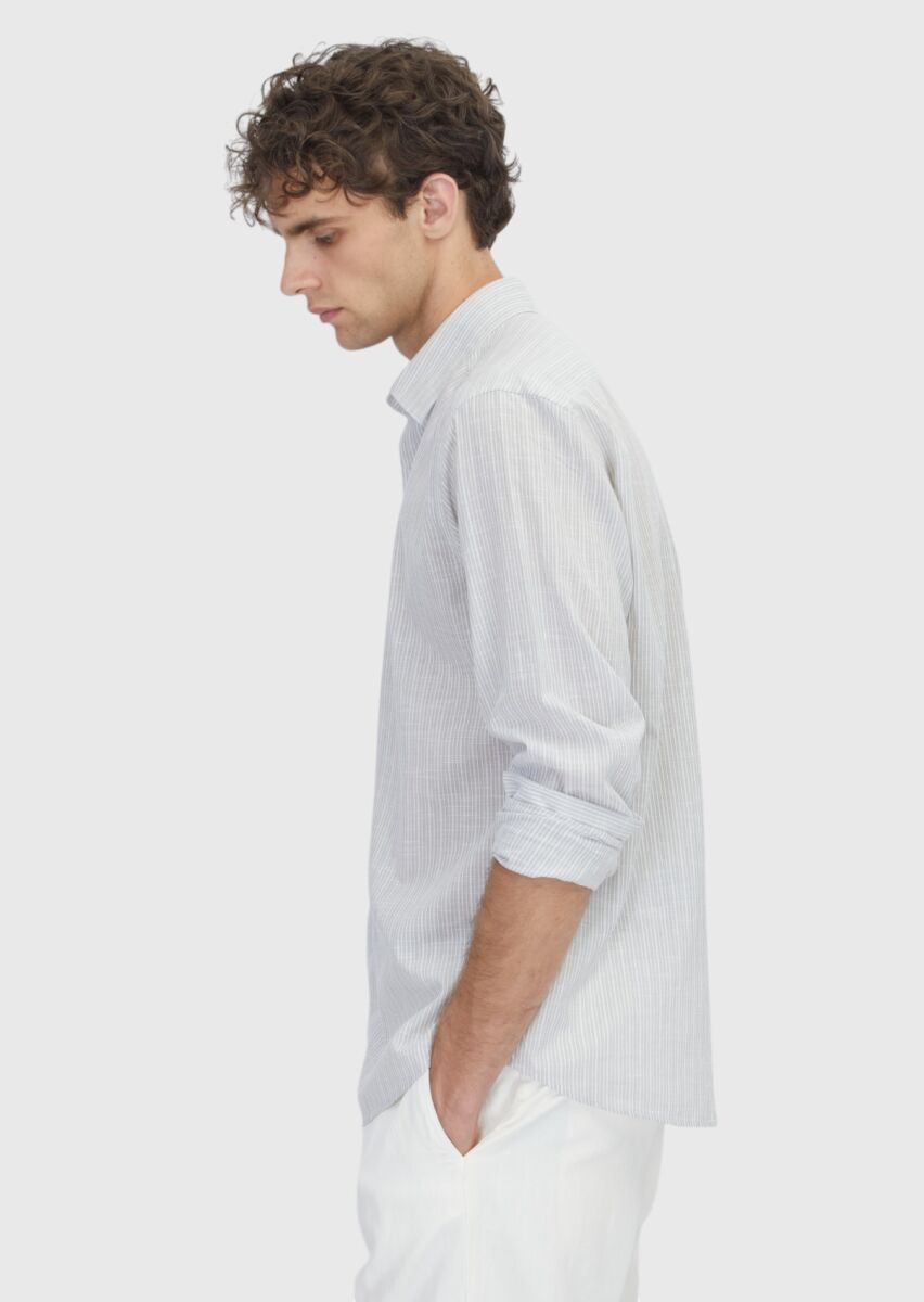 Gri Çizgili Regular Fit Dokuma Casual %100 Pamuk Gömlek - 3