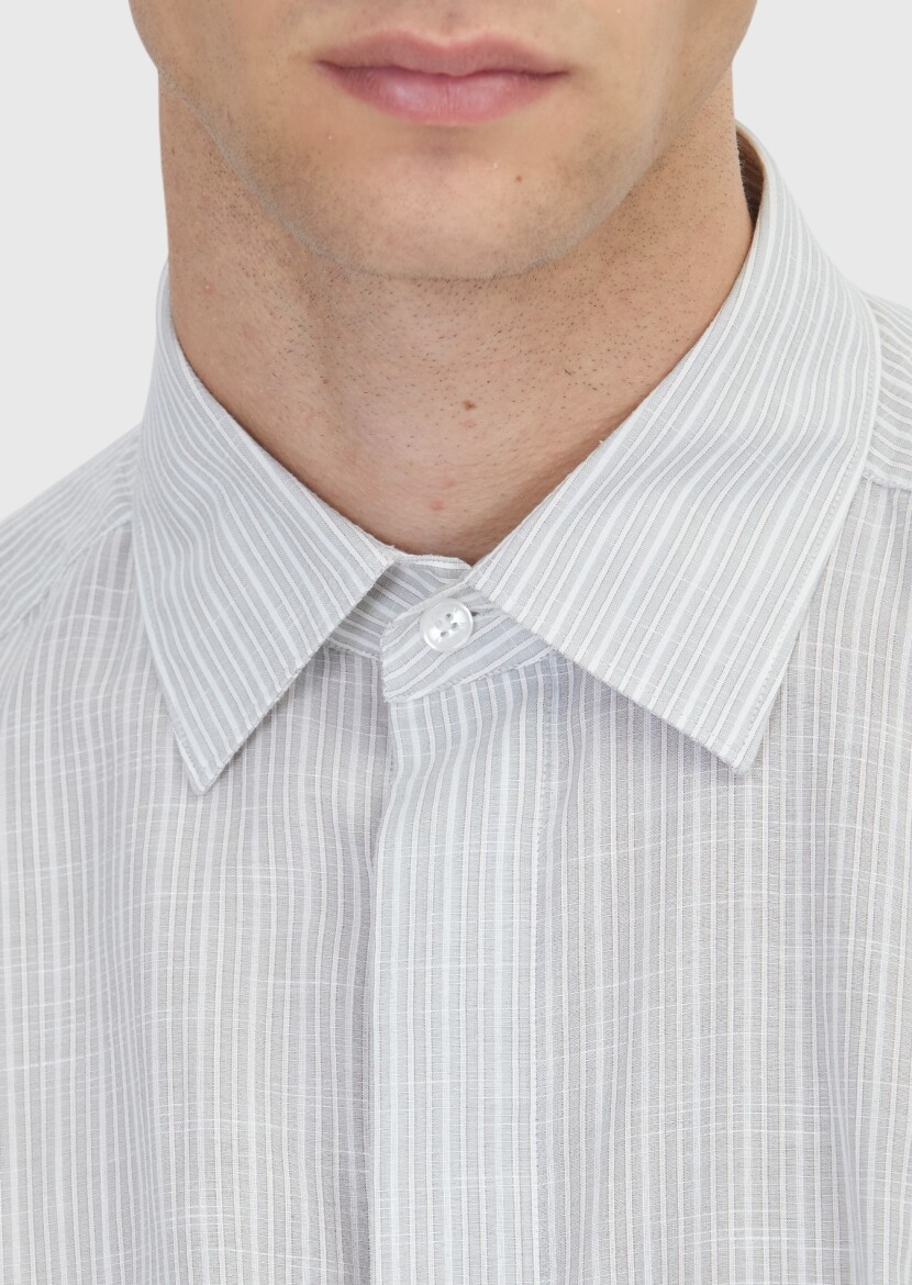 Gri Çizgili Regular Fit Dokuma Casual %100 Pamuk Gömlek - 5