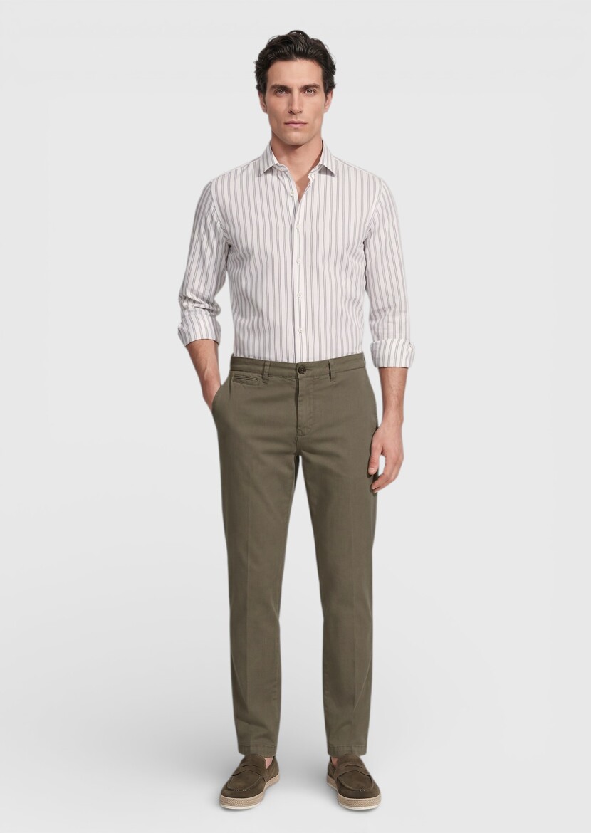 Gri Çizgili Regular Fit Dokuma Casual İpek Karışımlı Gömlek - 2