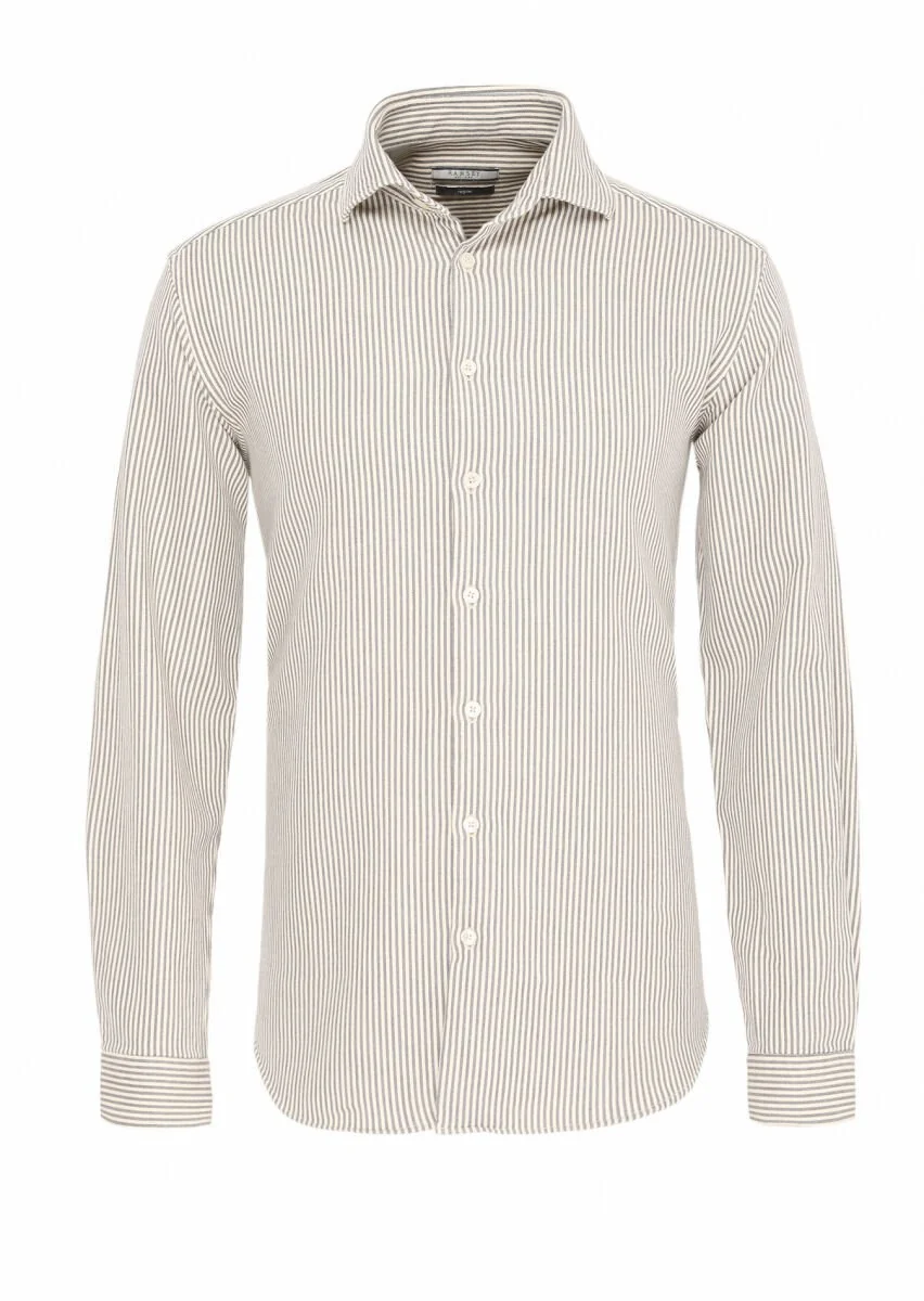 Gri Çizgili Regular Fit Dokuma Casual Pamuk Karışımlı Gömlek - 1