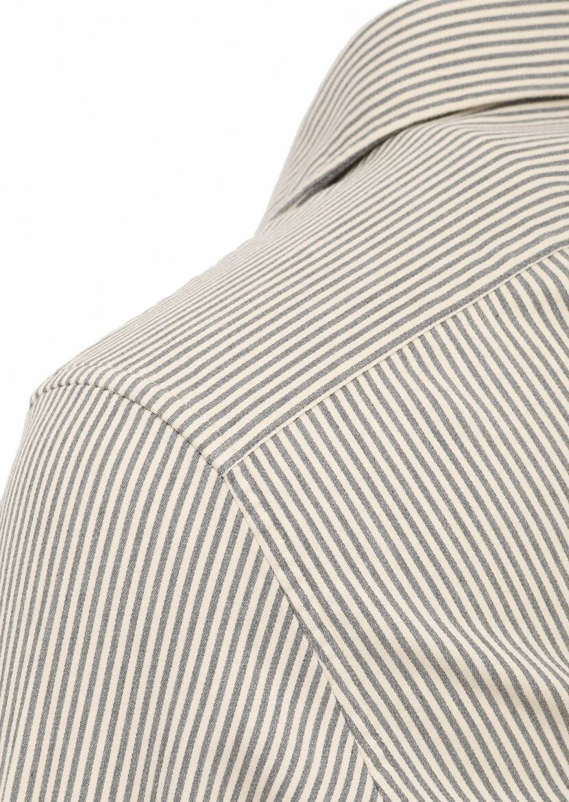Gri Çizgili Regular Fit Dokuma Casual Pamuk Karışımlı Gömlek - 3