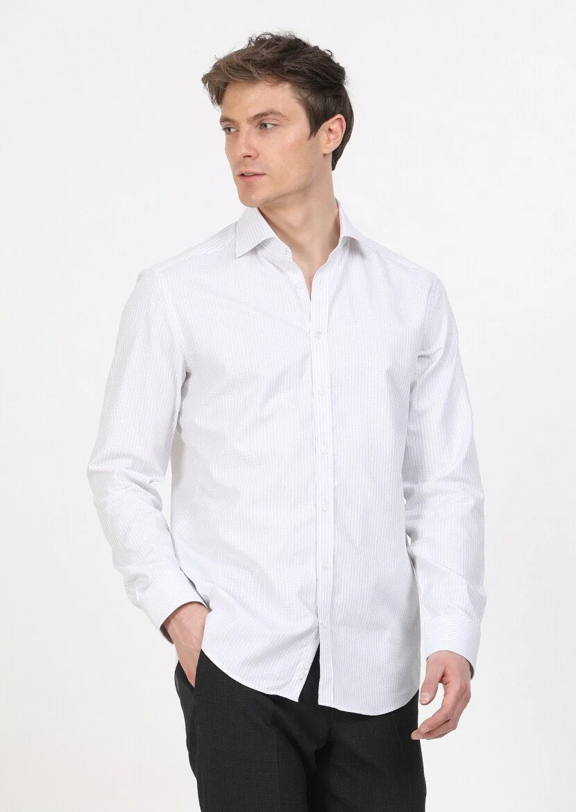 Gri Çizgili Regular Fit Dokuma Klasik %100 Pamuk Gömlek - 2