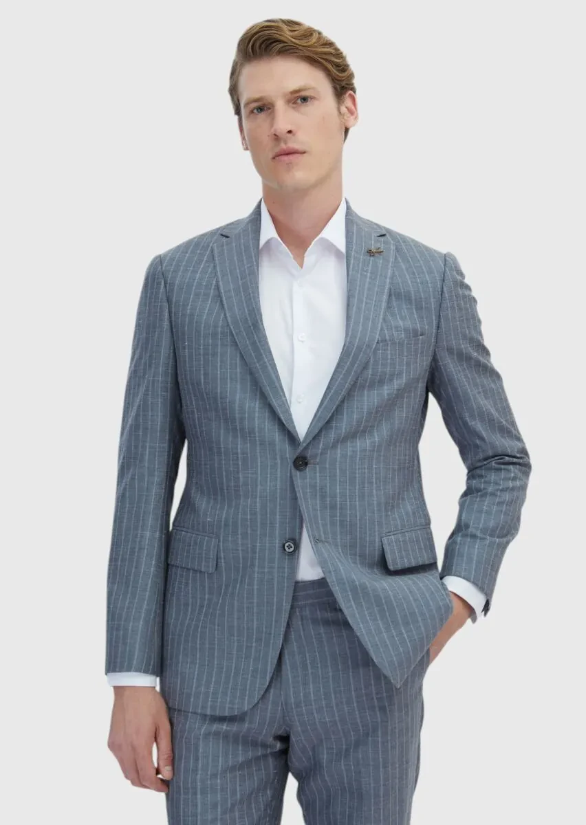 Gri Çizgili Regular Fit İpek Karışımlı Takım Elbise - 1