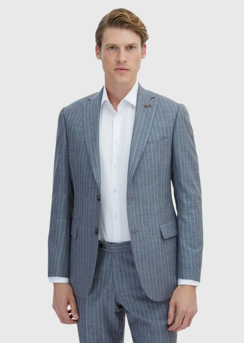 Gri Çizgili Regular Fit İpek Karışımlı Takım Elbise - 3