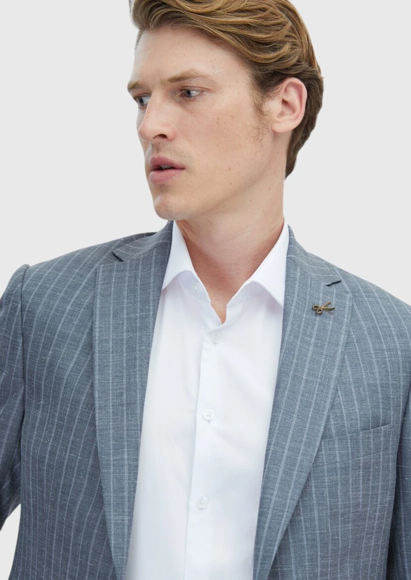 Gri Çizgili Regular Fit İpek Karışımlı Takım Elbise - 4