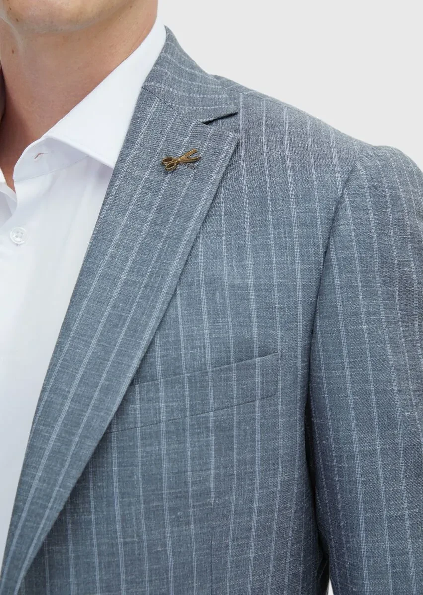 Gri Çizgili Regular Fit İpek Karışımlı Takım Elbise - 5