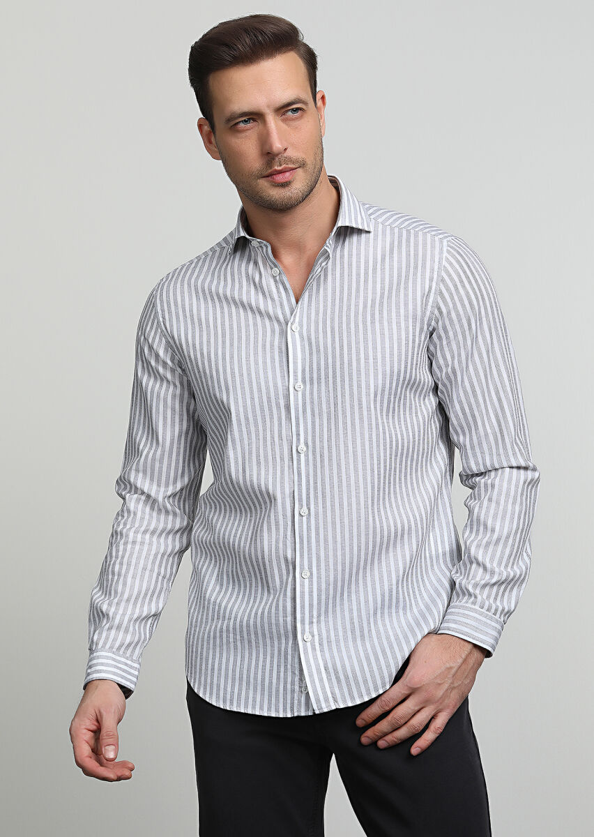Gri Çizgili Regular Fit Uzun Dokuma Casual %100 Pamuk Gömlek - 1
