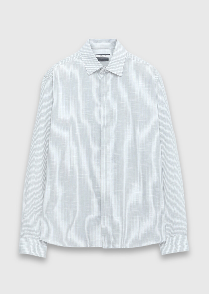 Gri Çizgili Regular Fit Uzun Dokuma Casual %100 Pamuk Gömlek - 7