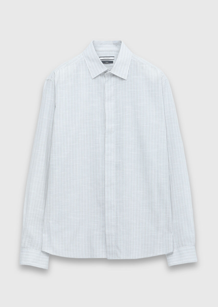 Gri Çizgili Regular Fit Uzun Dokuma Casual %100 Pamuk Gömlek - 7