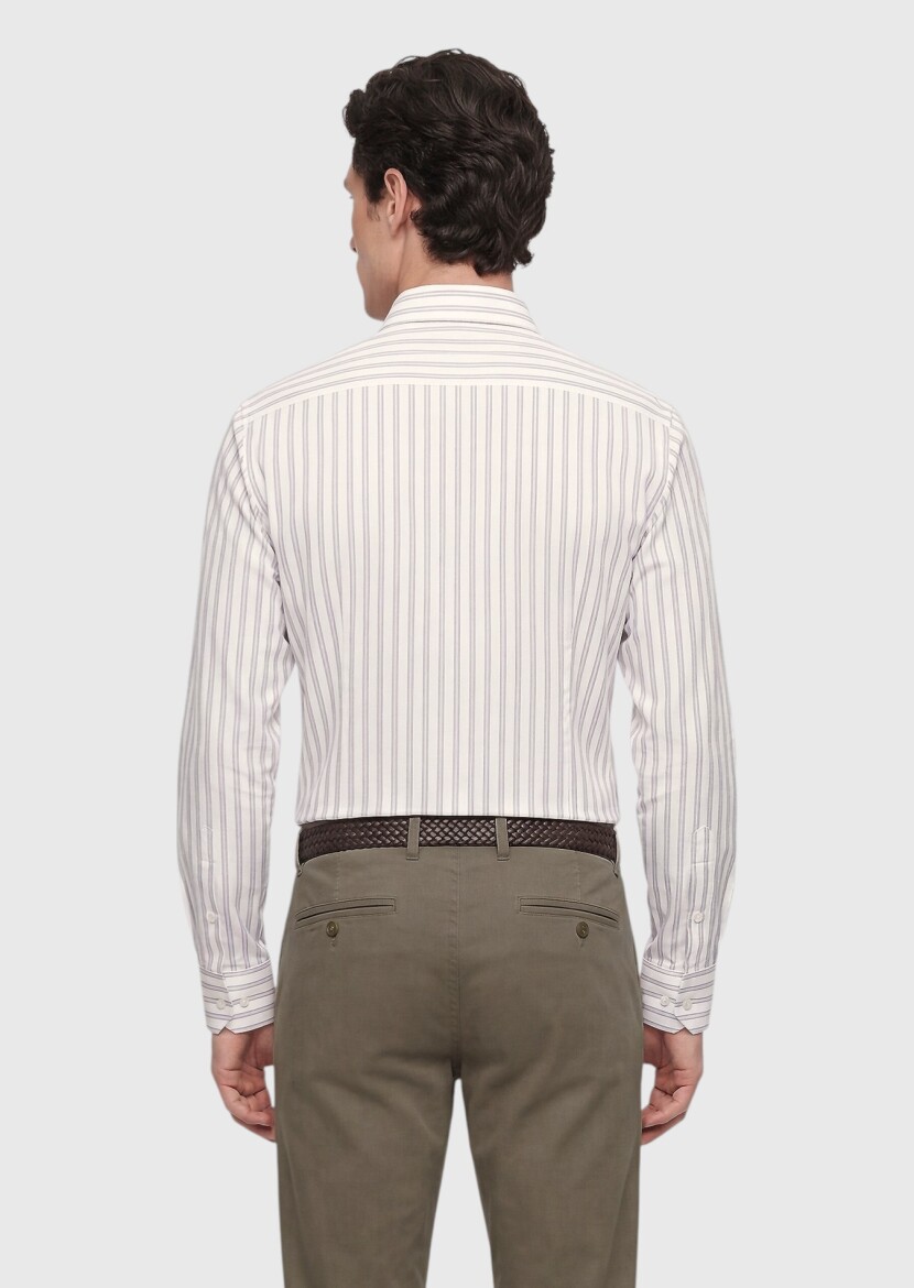 Gri Çizgili Regular Fit Uzun Dokuma Casual İpek Karışımlı Gömlek - 5