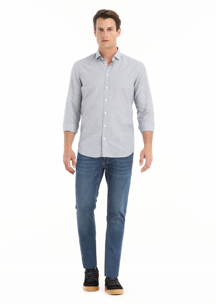 Gri Çizgili Regular Fit Uzun Dokuma Casual Pamuk Karışımlı Gömlek - 1