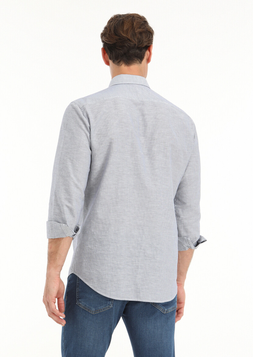 Gri Çizgili Regular Fit Uzun Dokuma Casual Pamuk Karışımlı Gömlek - 3