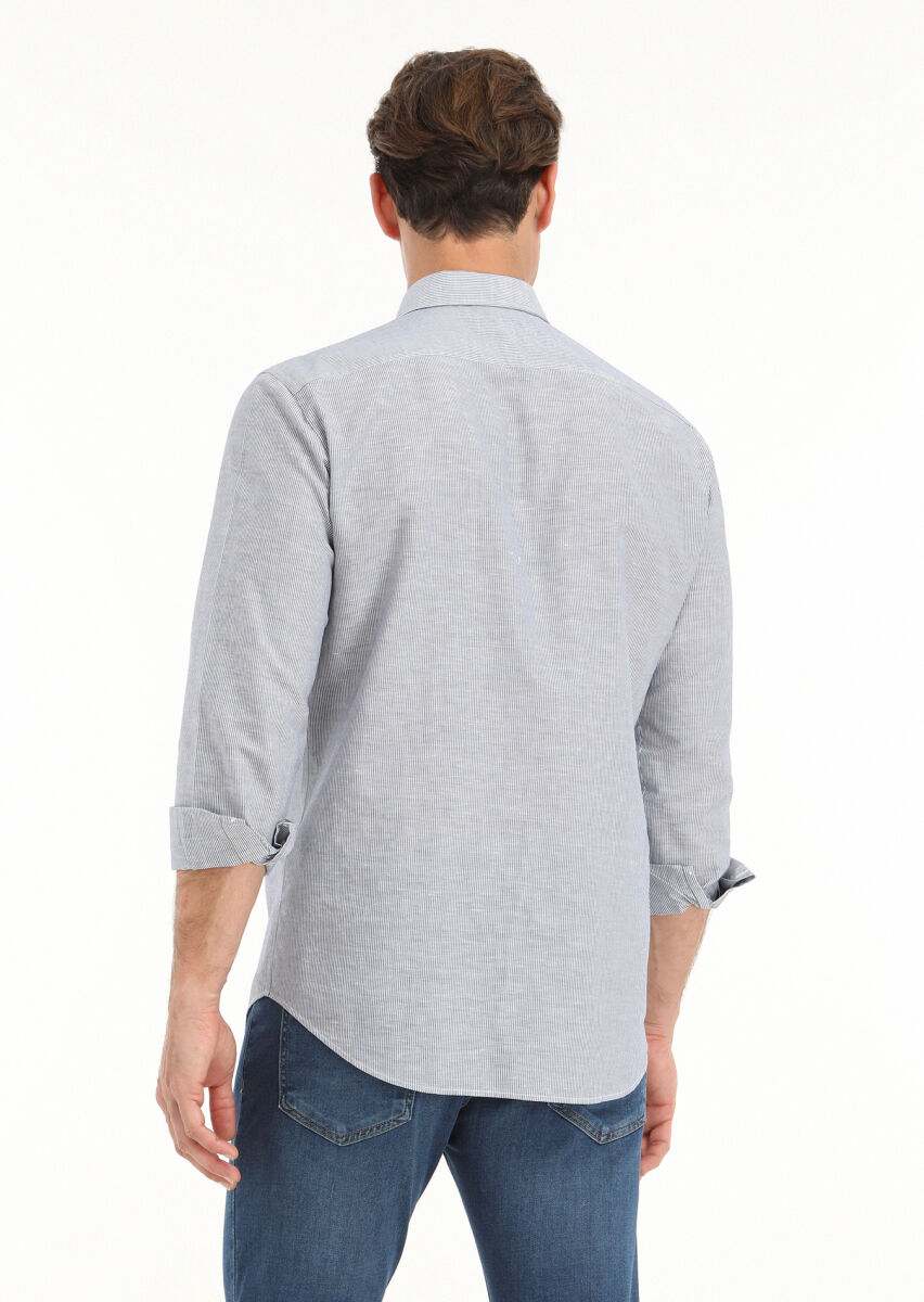Gri Çizgili Regular Fit Uzun Dokuma Casual Pamuk Karışımlı Gömlek - 3