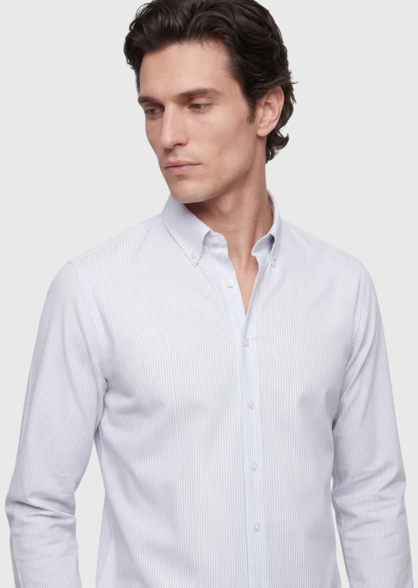 Gri Çizgili Regular Fit Uzun Dokuma Klasik İpek Karışımlı Gömlek - 2