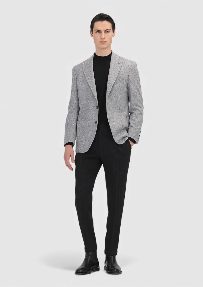 Gri Çizgili Shirt Shoulder Slim Fit Yün Karışımlı Ceket - 2