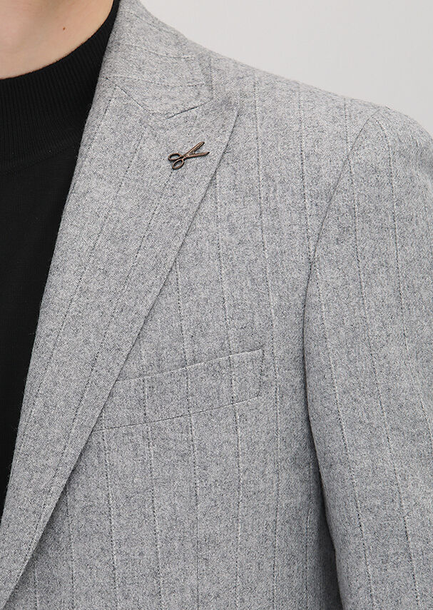 Gri Çizgili Shirt Shoulder Slim Fit Yün Karışımlı Ceket - 3
