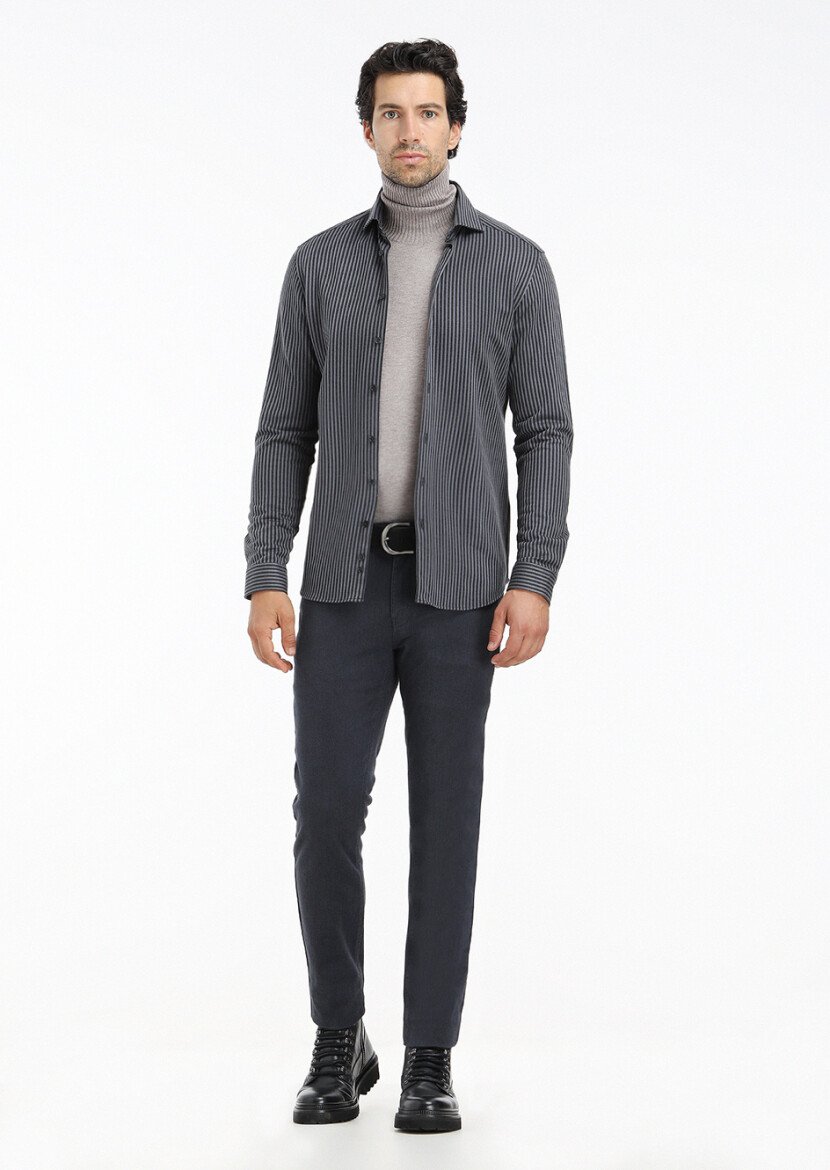 Gri Çizgili Slim Fit Casual %100 Pamuk Gömlek - 1