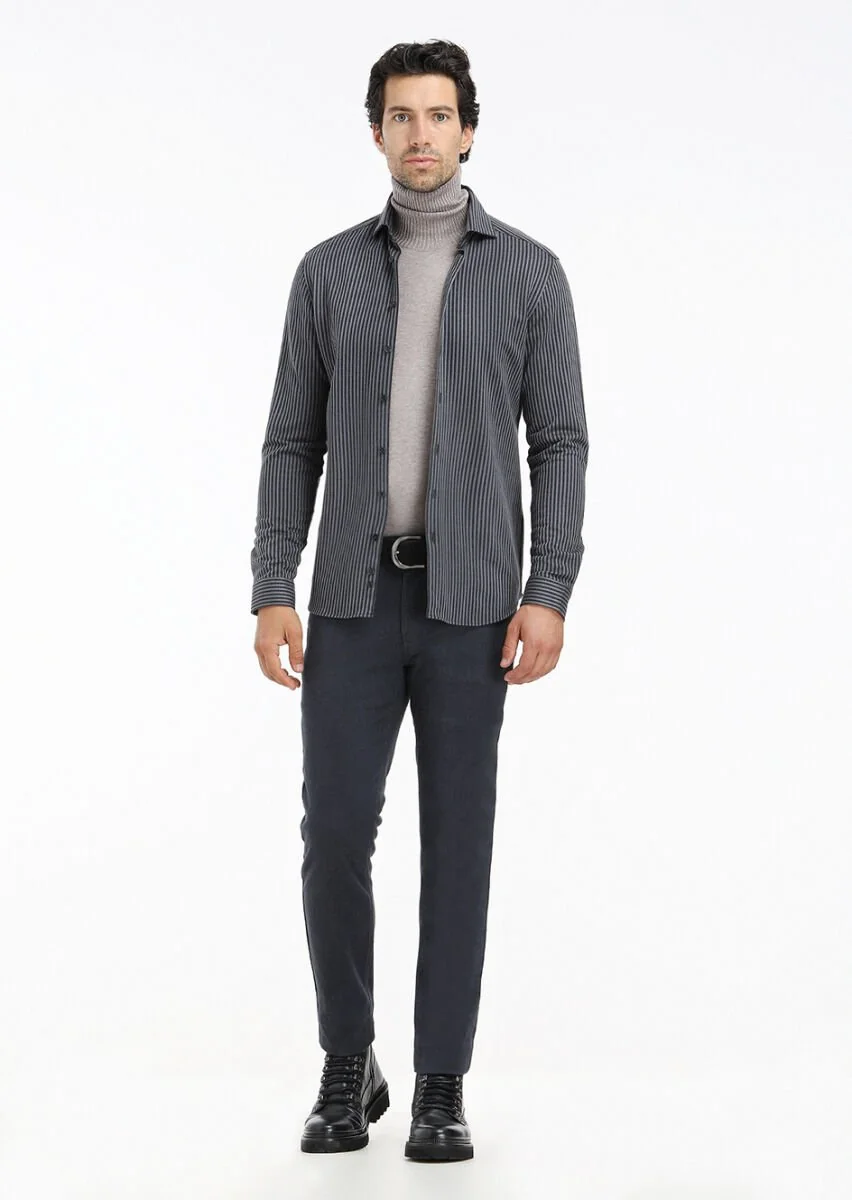 Gri Çizgili Slim Fit Casual %100 Pamuk Gömlek - 1