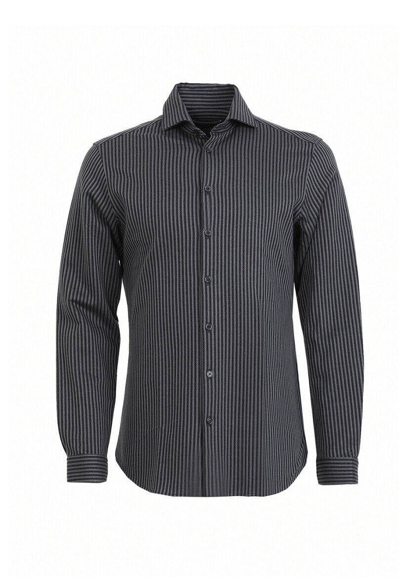 Gri Çizgili Slim Fit Casual %100 Pamuk Gömlek - 5