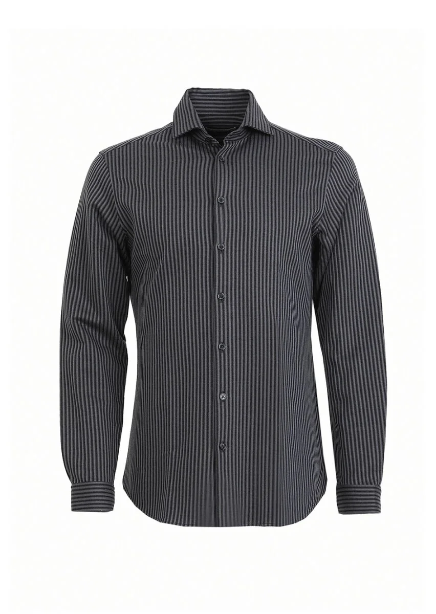 Gri Çizgili Slim Fit Casual %100 Pamuk Gömlek - 5