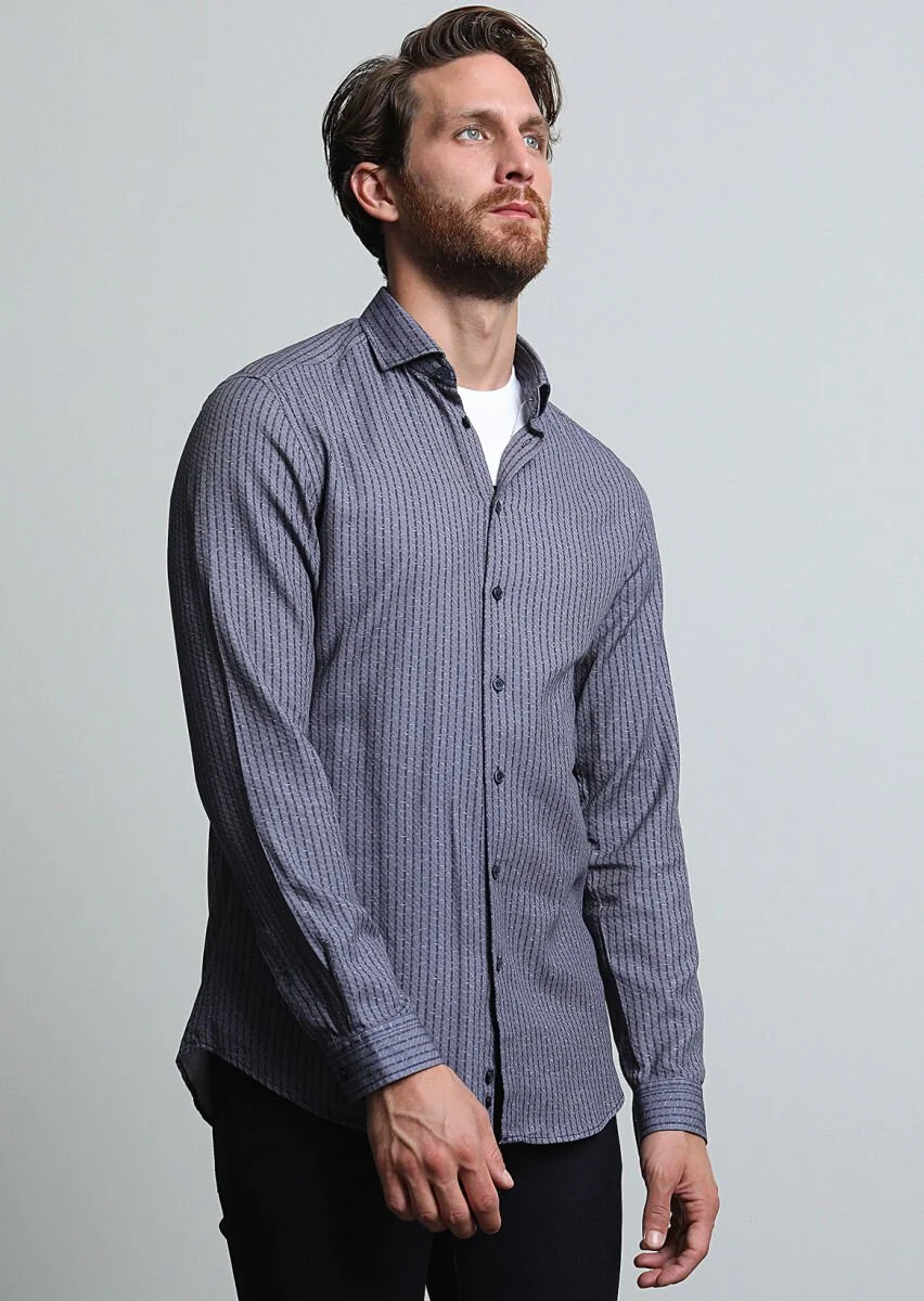 Gri Çizgili Slim Fit Dokuma Casual %100 Pamuk Gömlek - 3