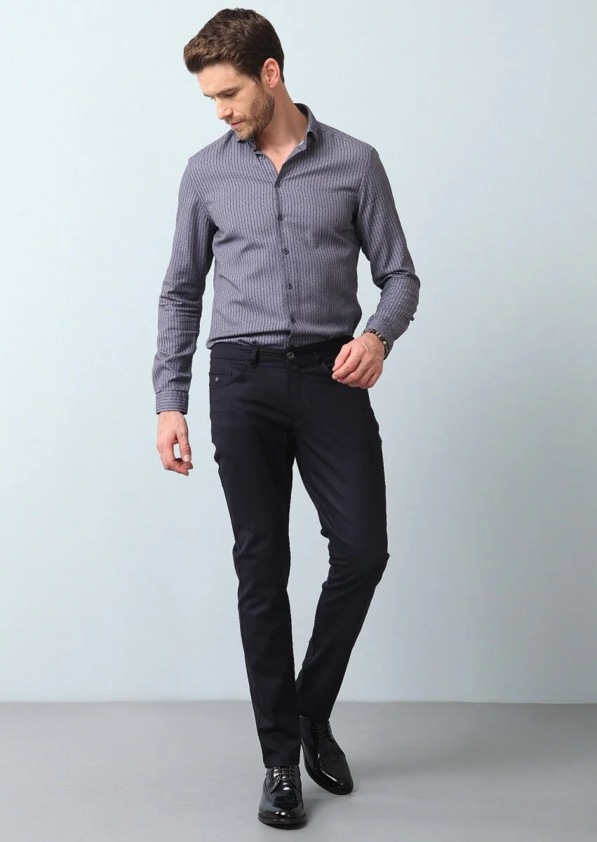 Gri Çizgili Slim Fit Dokuma Casual %100 Pamuk Gömlek - 4
