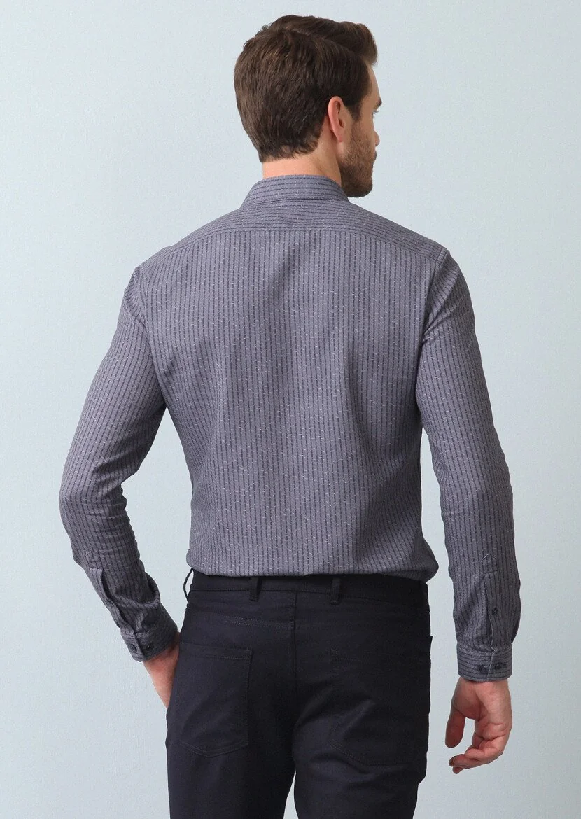 Gri Çizgili Slim Fit Dokuma Casual %100 Pamuk Gömlek - 5