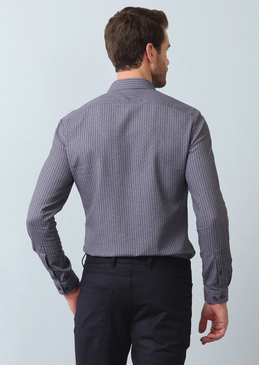 Gri Çizgili Slim Fit Dokuma Casual %100 Pamuk Gömlek - 5