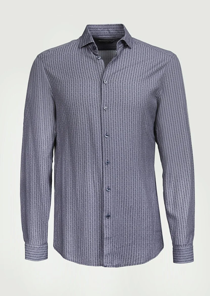 Gri Çizgili Slim Fit Dokuma Casual %100 Pamuk Gömlek - 6