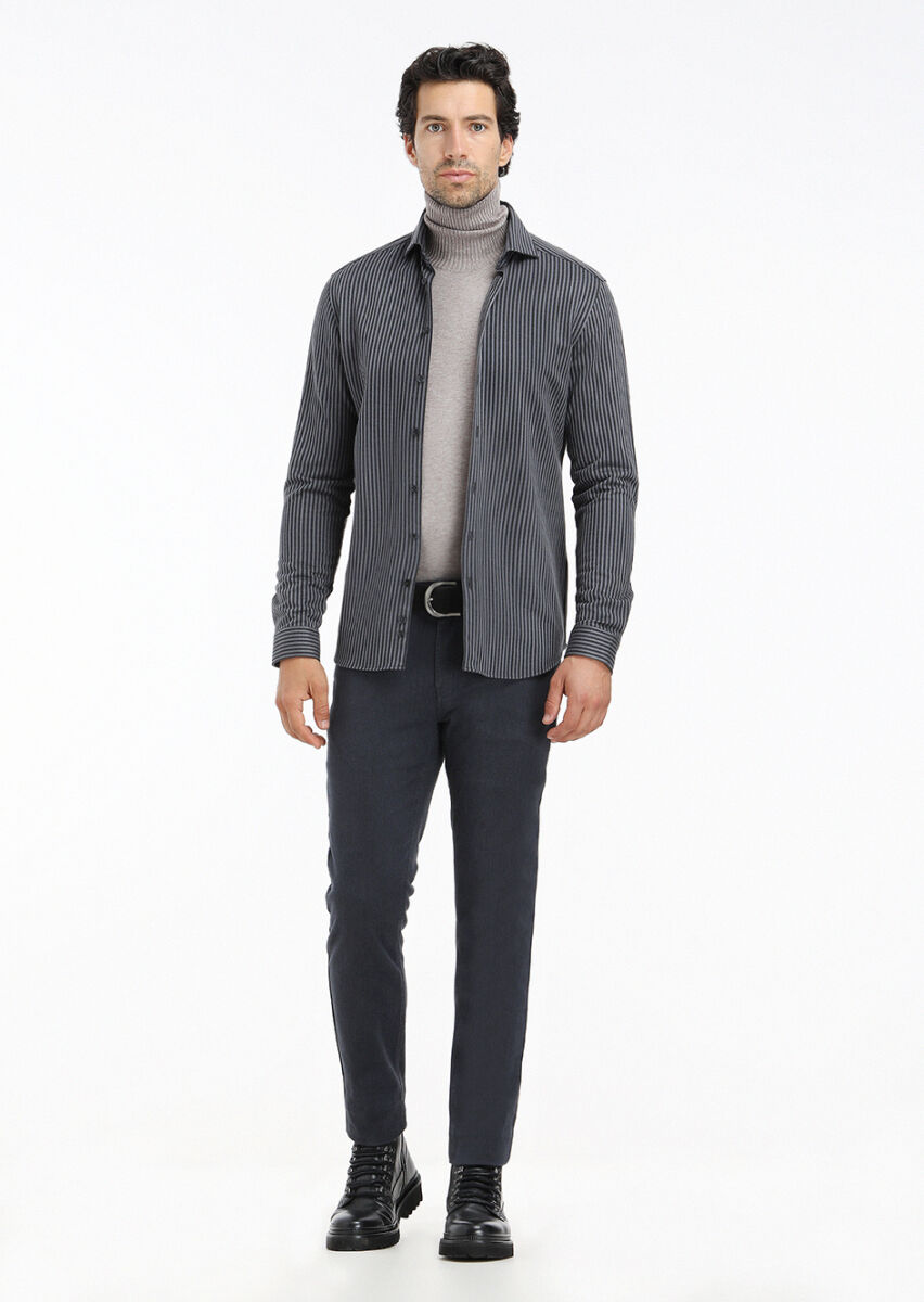 Gri Çizgili Slim Fit Uzun Casual %100 Pamuk Gömlek - 1
