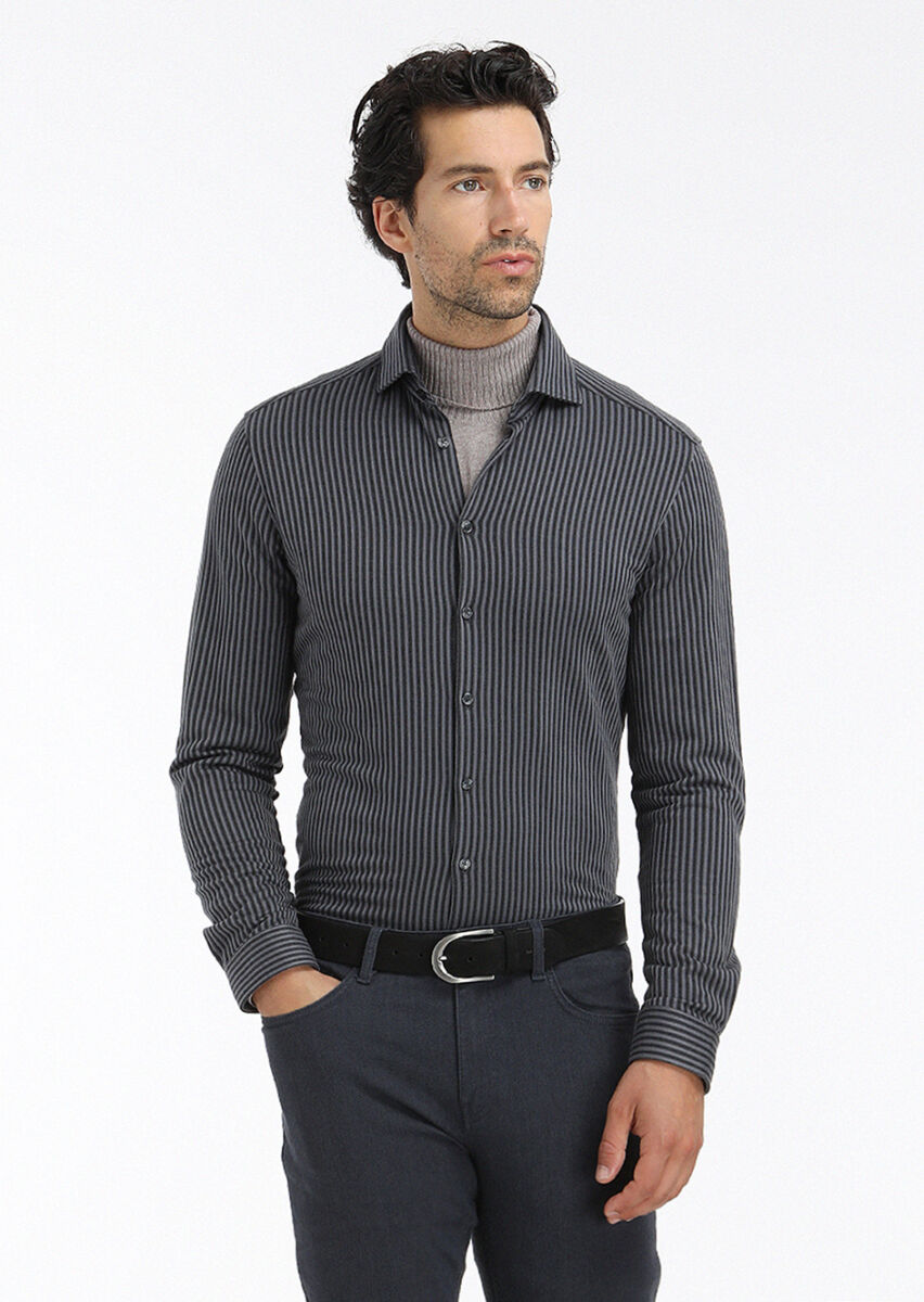 Gri Çizgili Slim Fit Uzun Casual %100 Pamuk Gömlek - 2