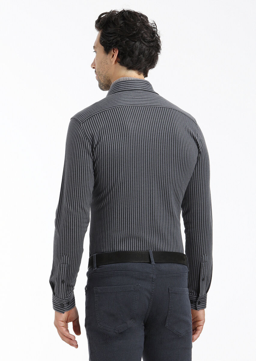 Gri Çizgili Slim Fit Uzun Casual %100 Pamuk Gömlek - 4