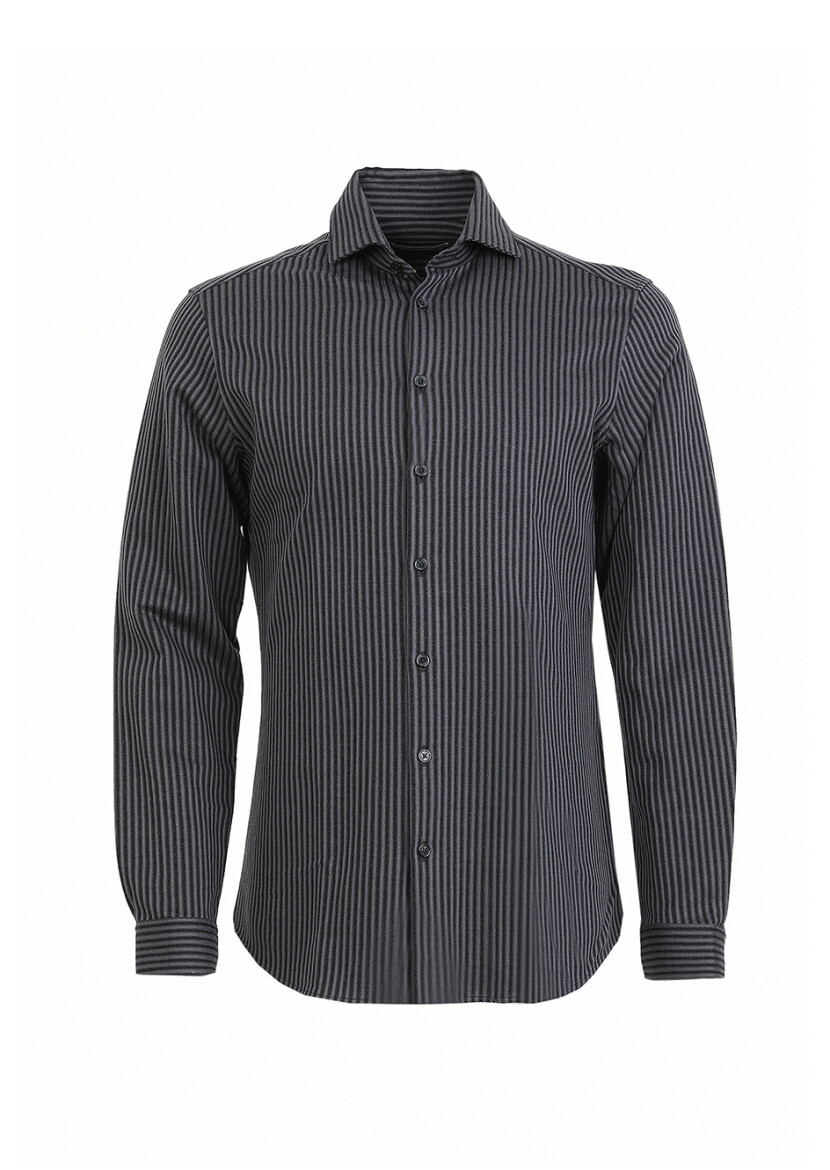 Gri Çizgili Slim Fit Uzun Casual %100 Pamuk Gömlek - 5