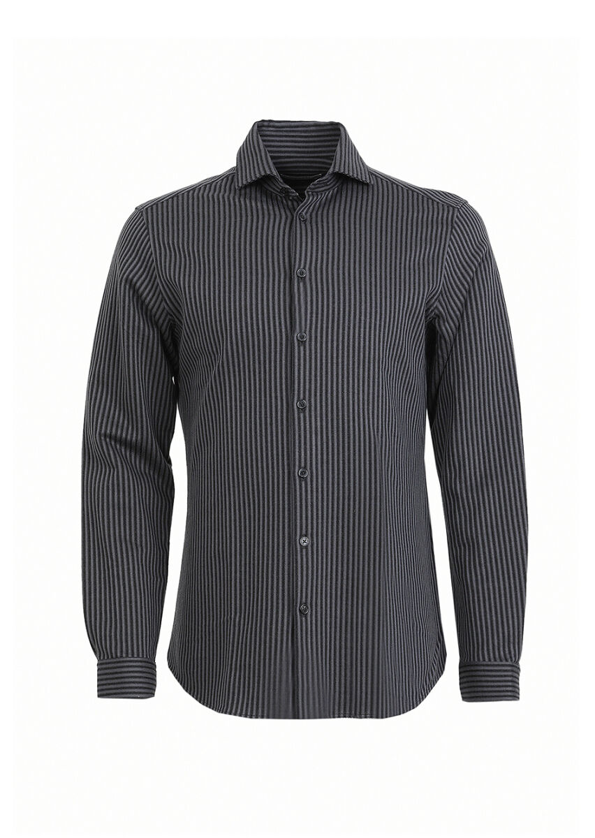 Gri Çizgili Slim Fit Uzun Casual %100 Pamuk Gömlek - 5