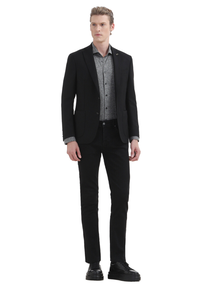 Gri Çizgili Slim Fit Uzun Casual %100 Pamuk Gömlek - 3