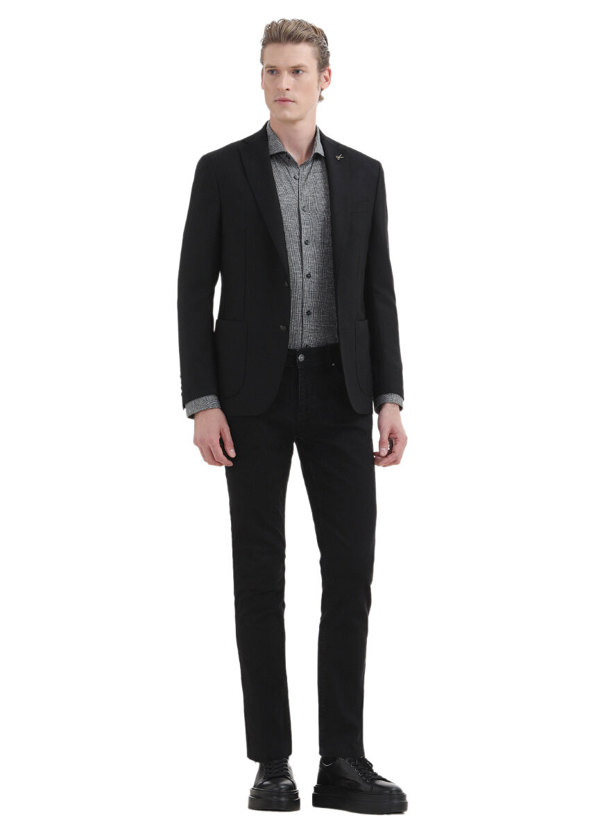 Gri Çizgili Slim Fit Uzun Casual %100 Pamuk Gömlek - 3