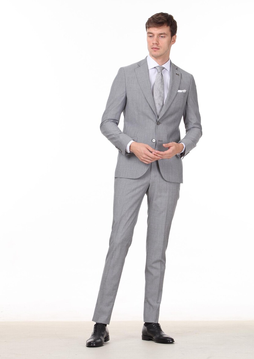 Gri Çizgili Thin&taller Slim Fit %100 Yün Takım Elbise - 1