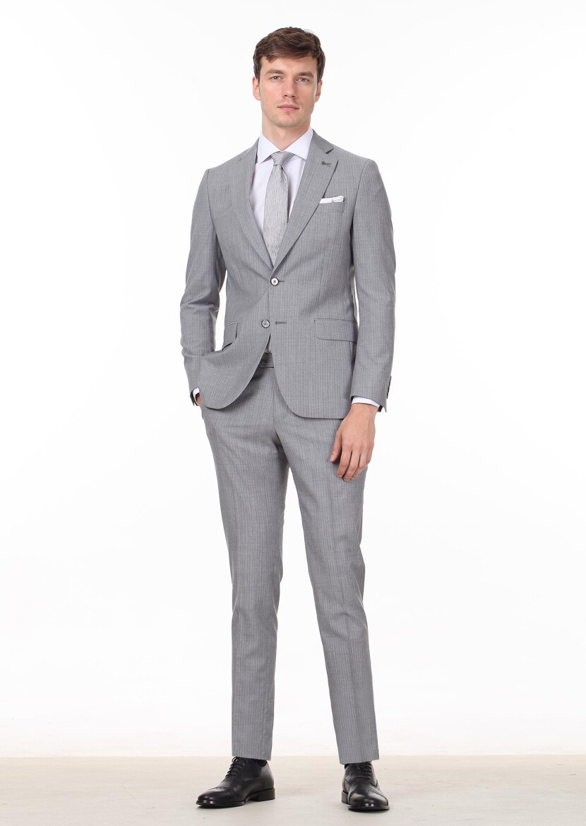 Gri Çizgili Thin&taller Slim Fit %100 Yün Takım Elbise - 3