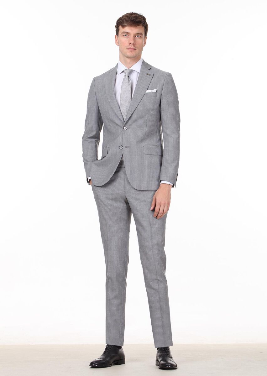 Gri Çizgili Thin&taller Slim Fit %100 Yün Takım Elbise - 3