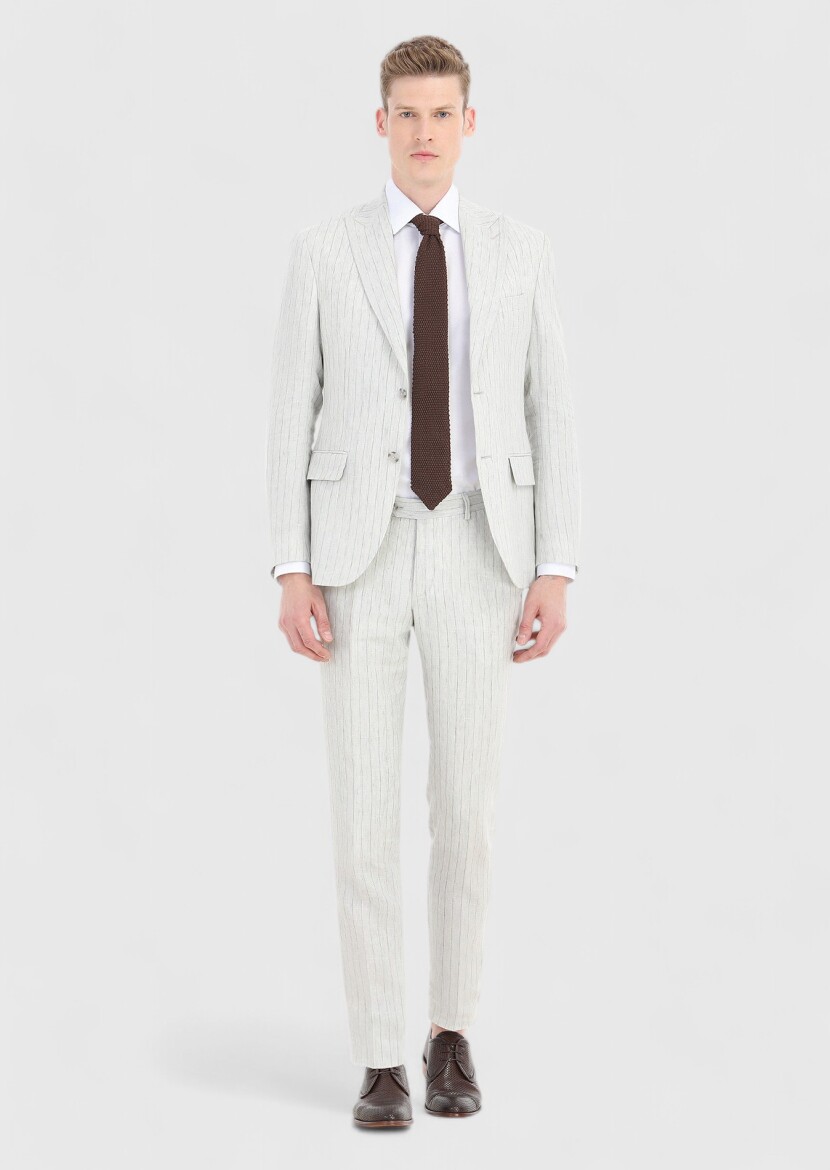 Gri Çizgili Zeroweight Slim Fit %100 Keten Takım Elbise 