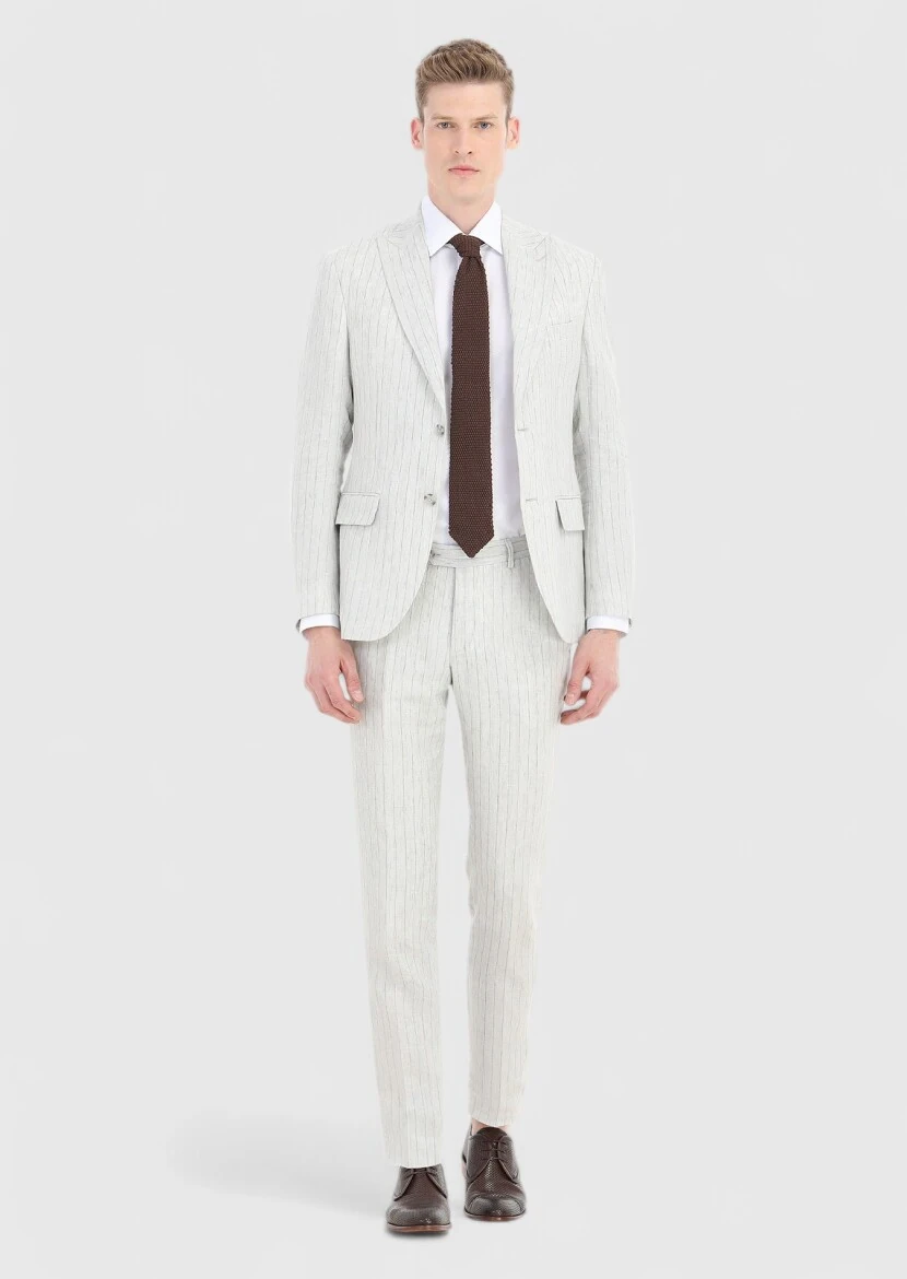 Gri Çizgili Zeroweight Slim Fit %100 Keten Takım Elbise - 1