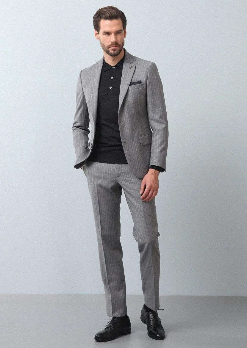 Gri Çizgili Zeroweight Slim Fit %100 Yün Takım Elbise - 3