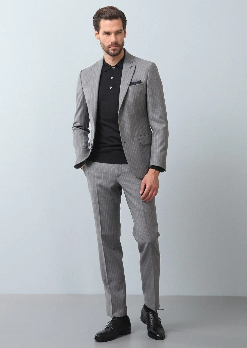 Gri Çizgili Zeroweight Slim Fit %100 Yün Takım Elbise - 3