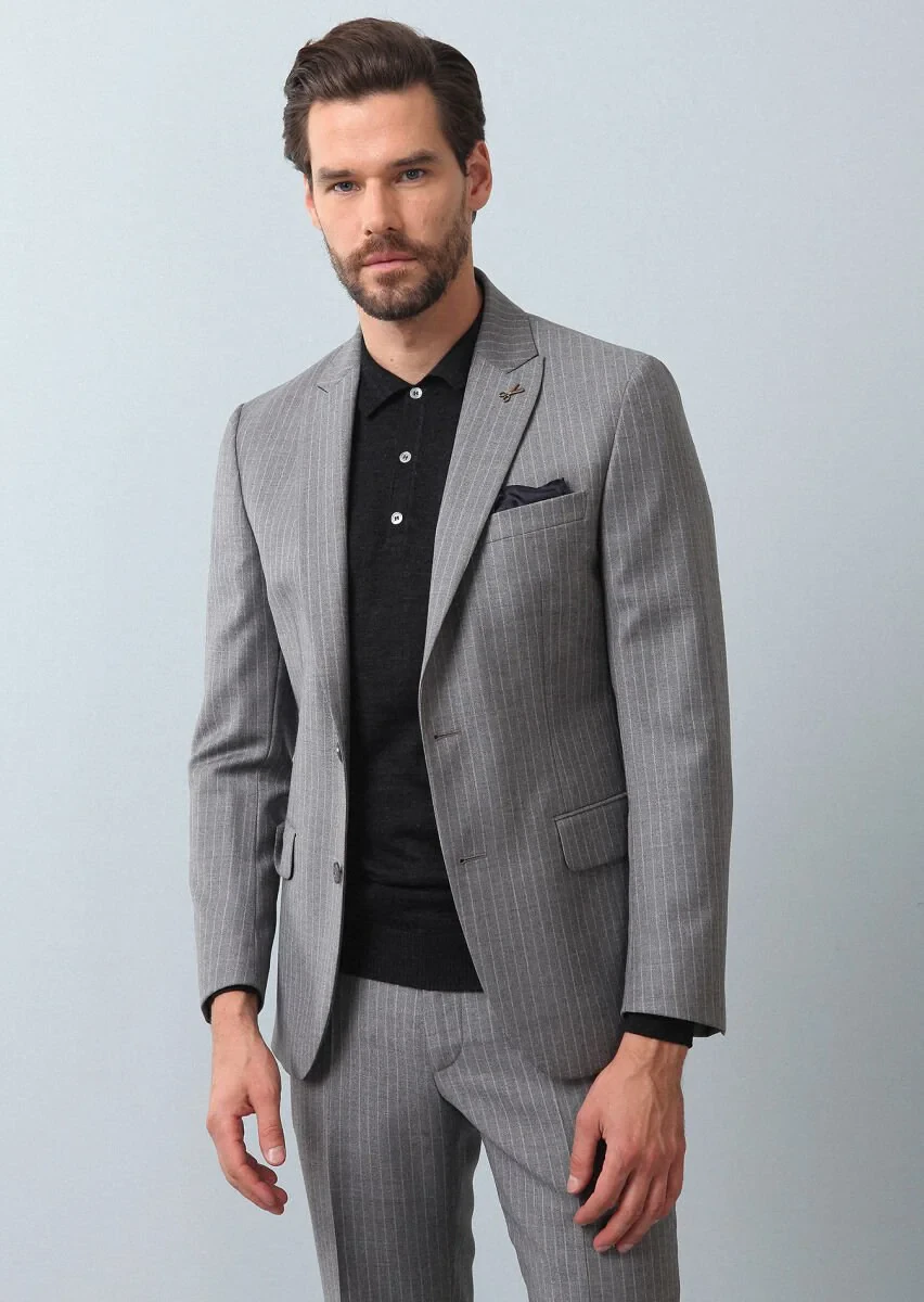 Gri Çizgili Zeroweight Slim Fit %100 Yün Takım Elbise - 4